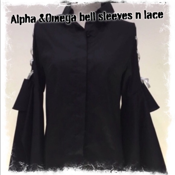 Alpha and Omega Tops - Black cotton Bell Sleeve and Whipstitch top size M